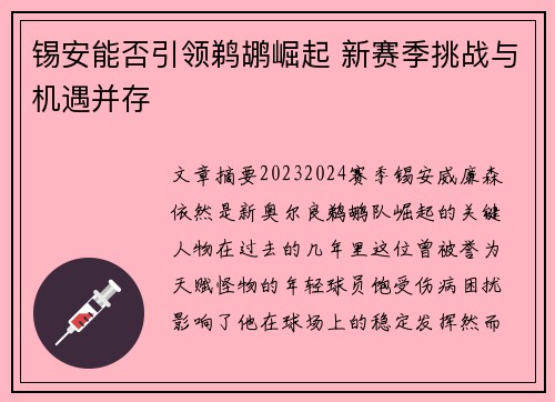 锡安能否引领鹈鹕崛起 新赛季挑战与机遇并存